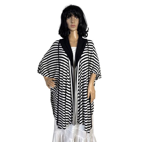 Joseph Ribkoff Black‎ White Striped Asymmetric Lagenlook Open front Cardigan M-L - Picture 2 of 16